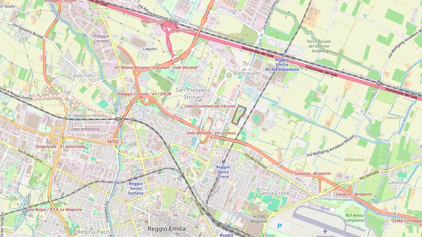 Mappa di Reggio Emilia con la posizione di Biri's House, la RCF Arena Campovolo, il centro storico e il casello dell'autostrada